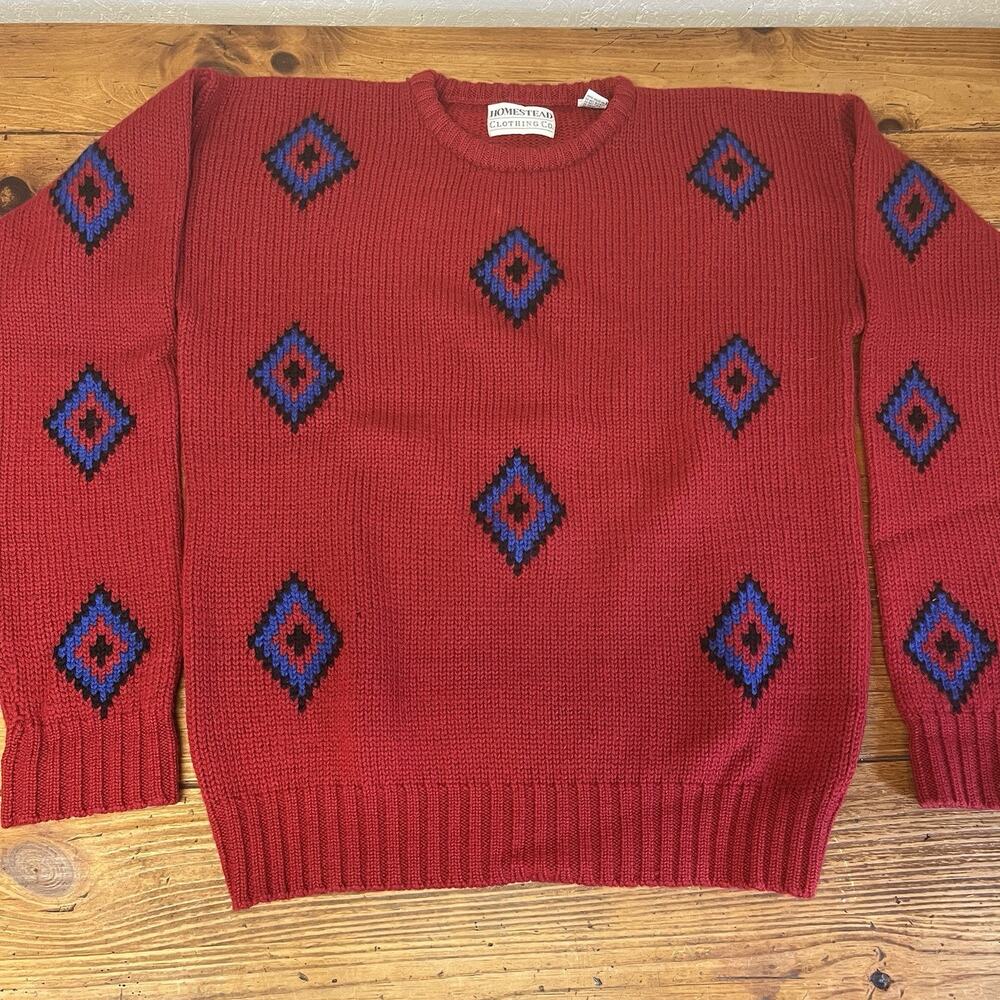 Vintage Wool Sweater XL Tall Red Western Aztec Knit Homestead Clothing Co.